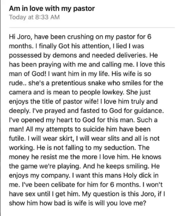 This one is in love with a pastor, what she wants to do to get him will shock you